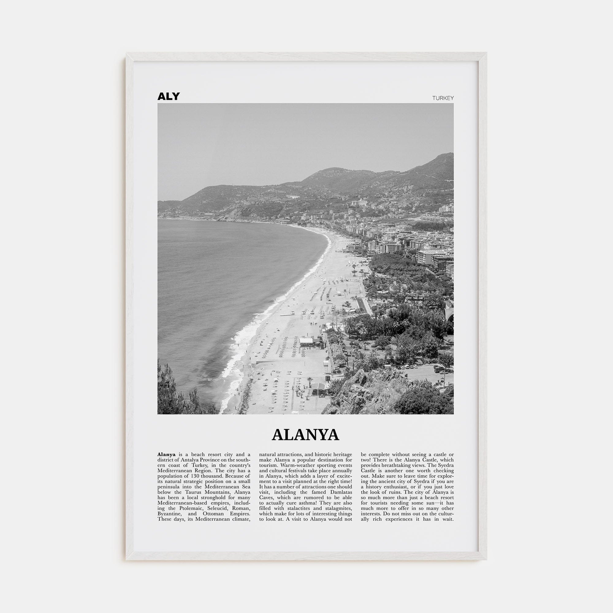 Alanya Poster White Wood / 8x12 in Nbourhood Travel B&W Poster