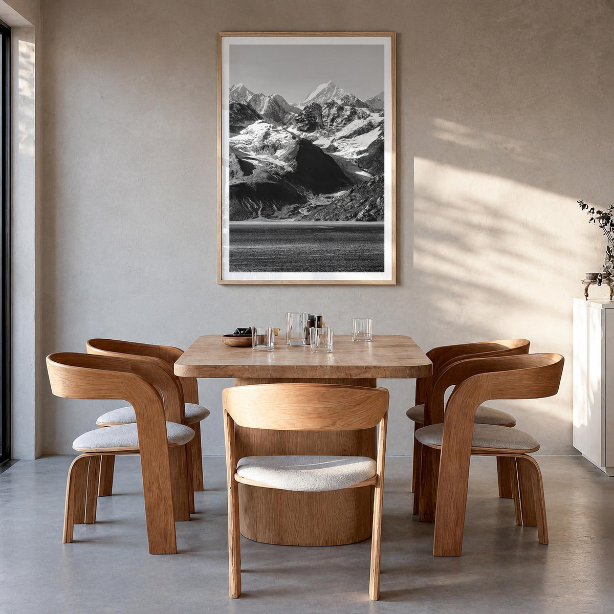 Alaska black & white photo poster of United States – vertical wall art in natural wood frame with white border, hanging on wa