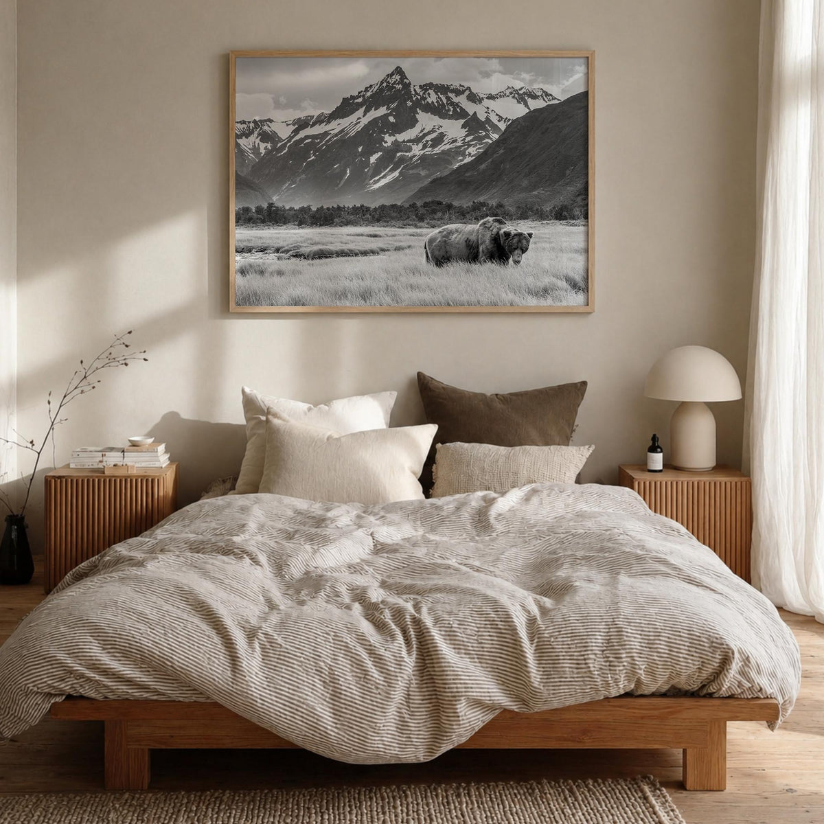 Alaska black & white photo poster of United States – horizontal wall art in natural wood frame, hanging on wall