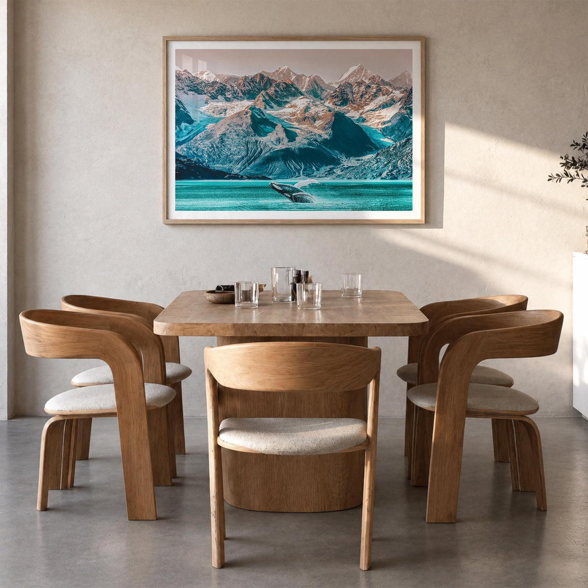 Alaska colorful photo poster of United States – horizontal wall art in natural wood frame with white border, hanging on wall