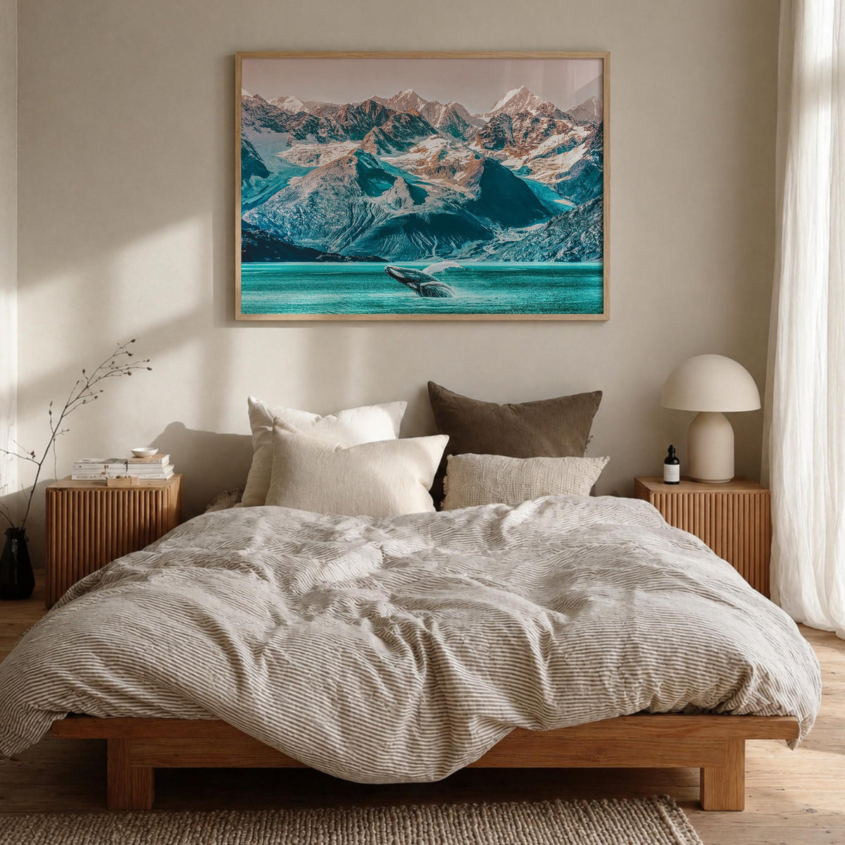 Alaska colorful photo poster of United States – horizontal wall art in natural wood frame, hanging on wall