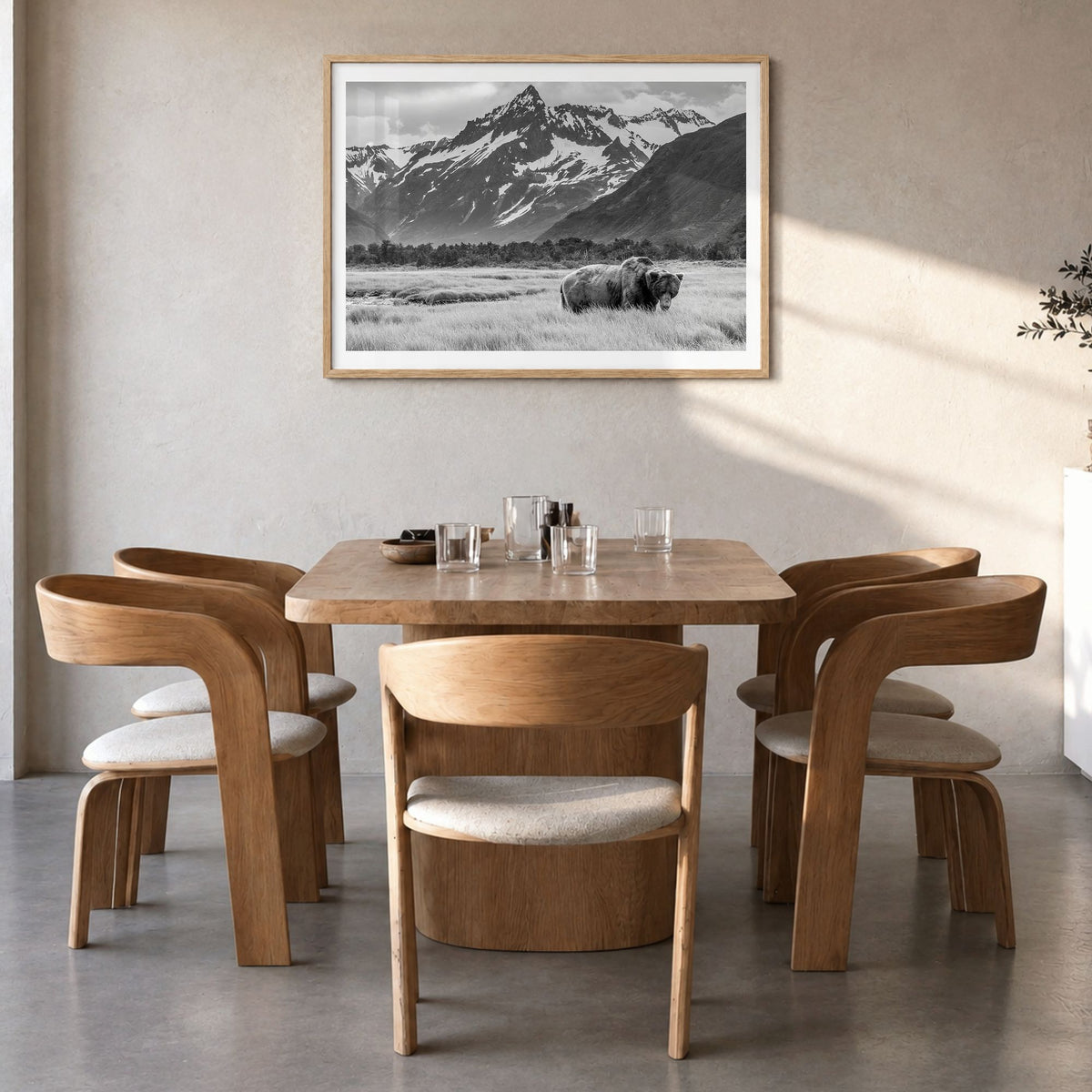 Alaska Photo Poster in a natural wood frame, hanging in a dining room, white border