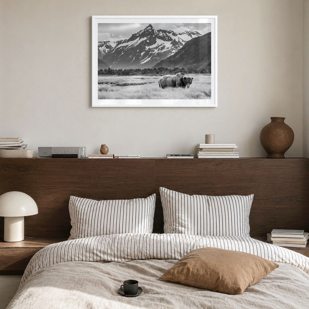 Alaska Photo Poster in a white wood frame, hanging in a bedroom, white border