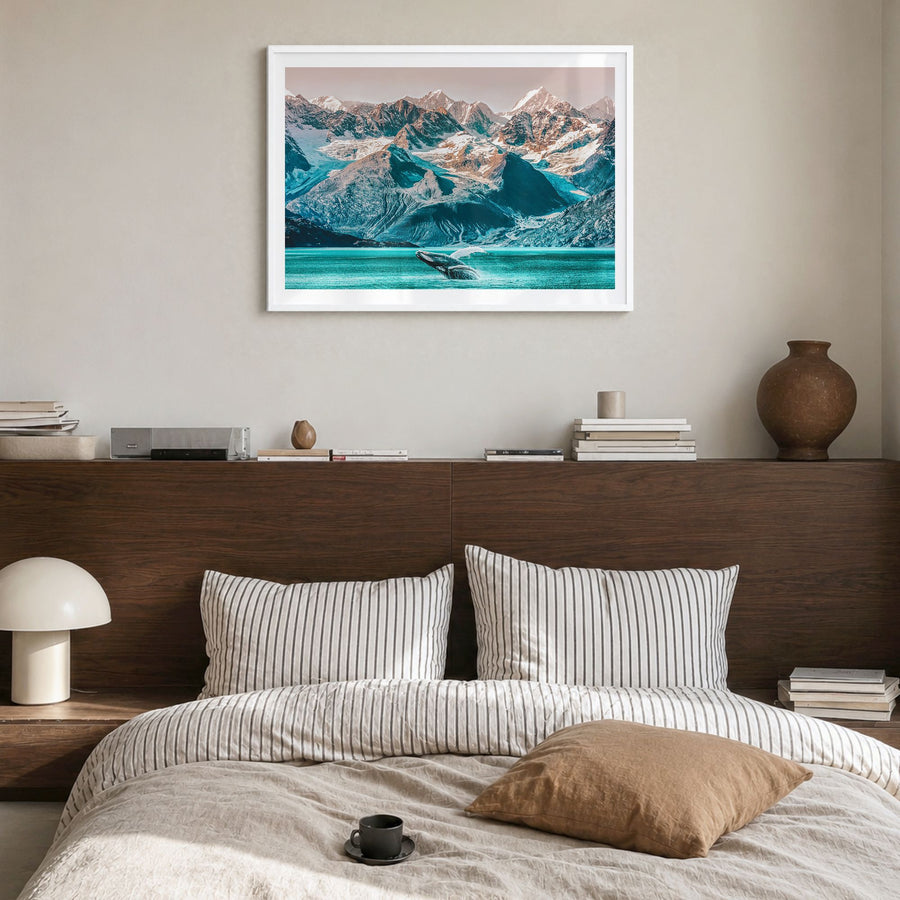 Alaska Photo Poster in a white wood frame, hanging in a bedroom, white border