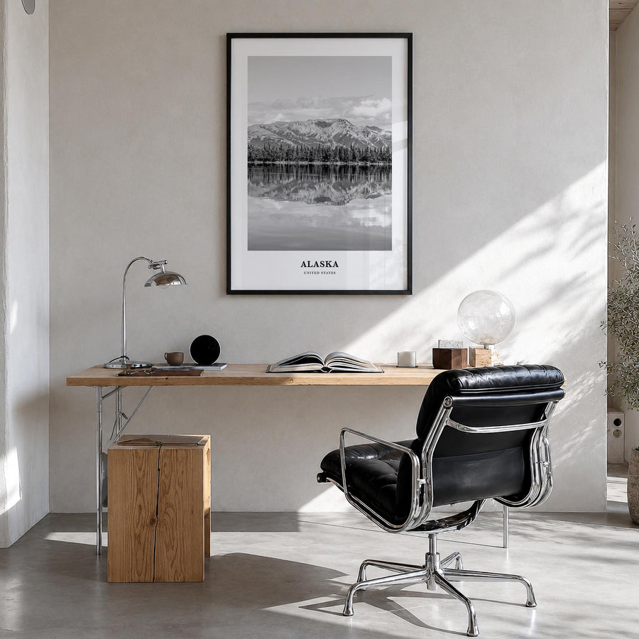 Alaska no. 1 black & white classic poster of United States – vertical wall art in black wood frame, hanging on wall