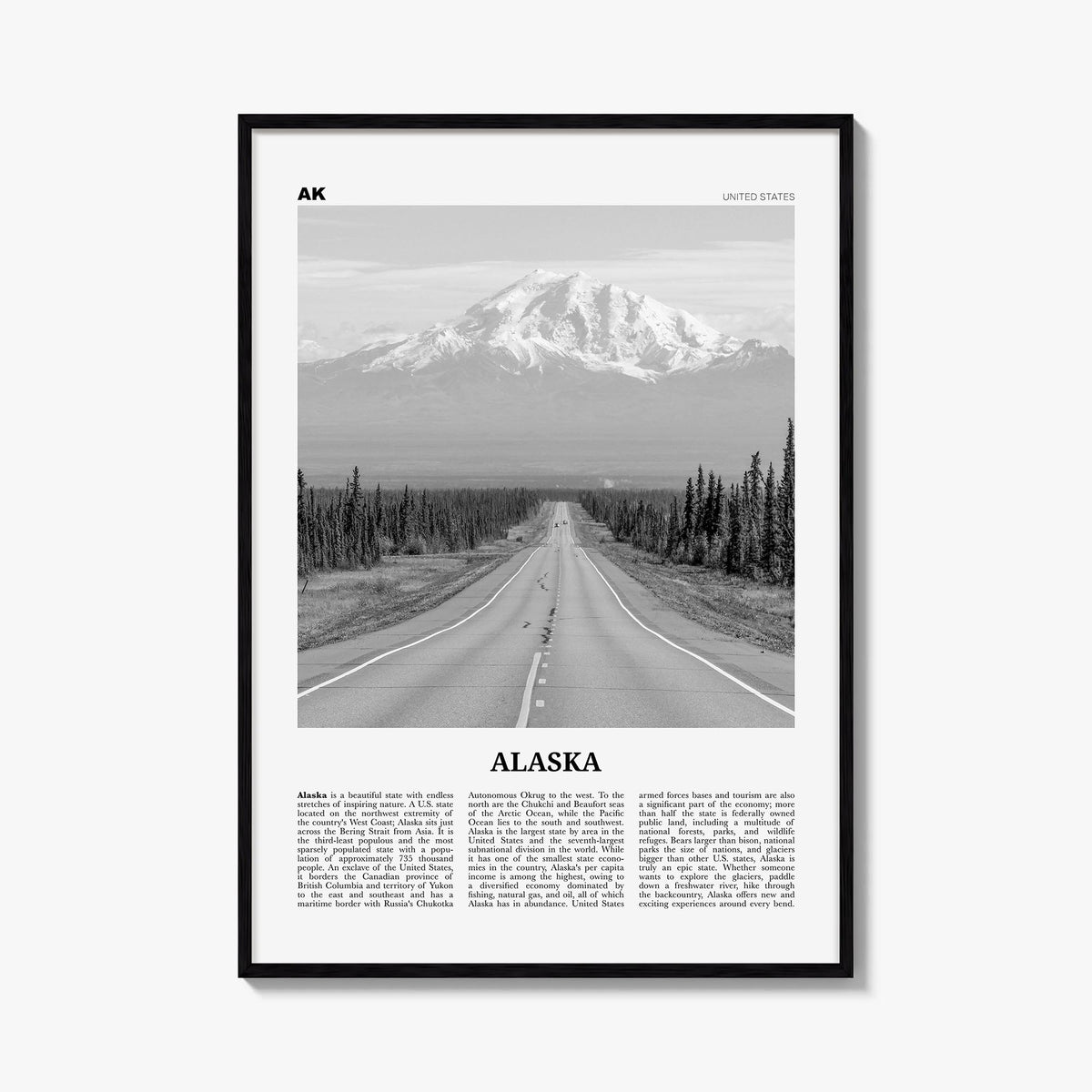 Alaska no. 1 black & white newspaper poster of United States – vertical wall art, unframed print shown in interior mockup