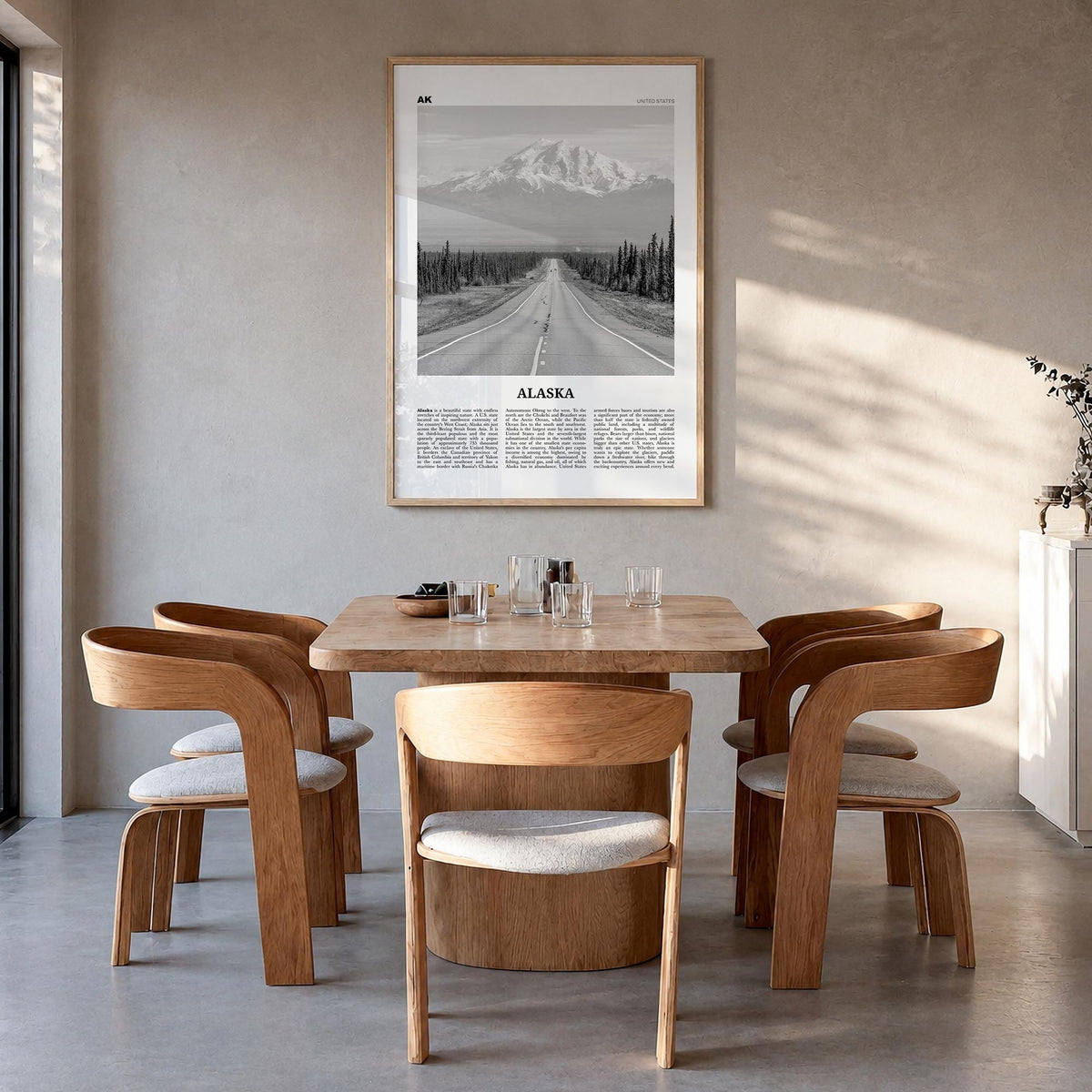 Alaska no. 1 black & white newspaper poster of United States – vertical wall art in natural wood frame, hanging on wall