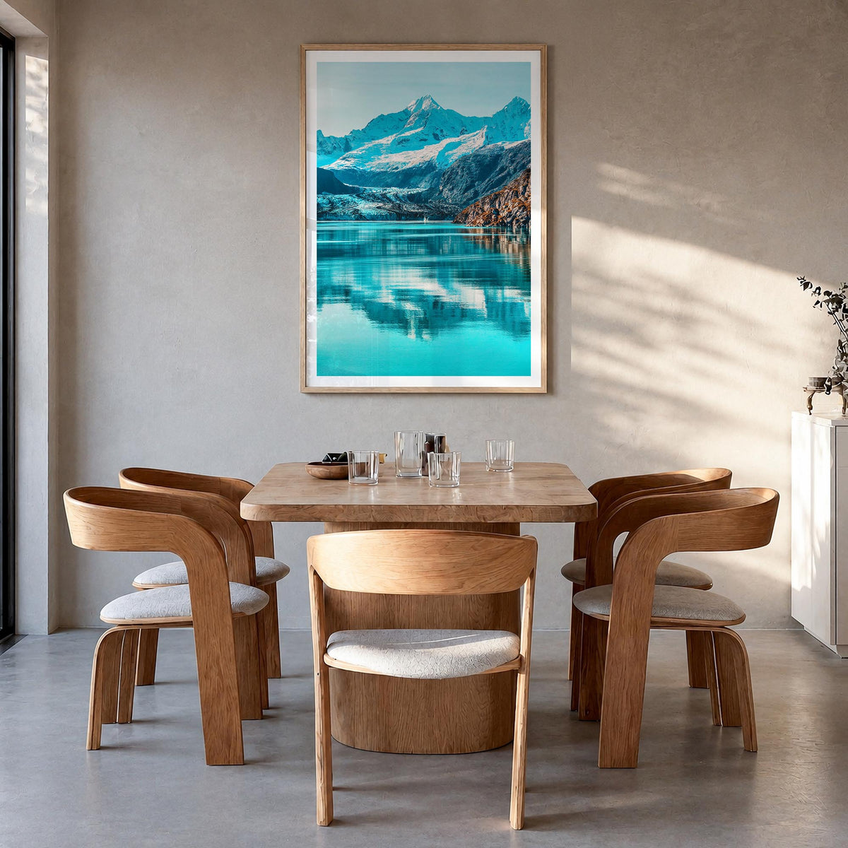 Alaska no. 1 colorful photo poster of United States – vertical wall art in natural wood frame with white border, hanging on w