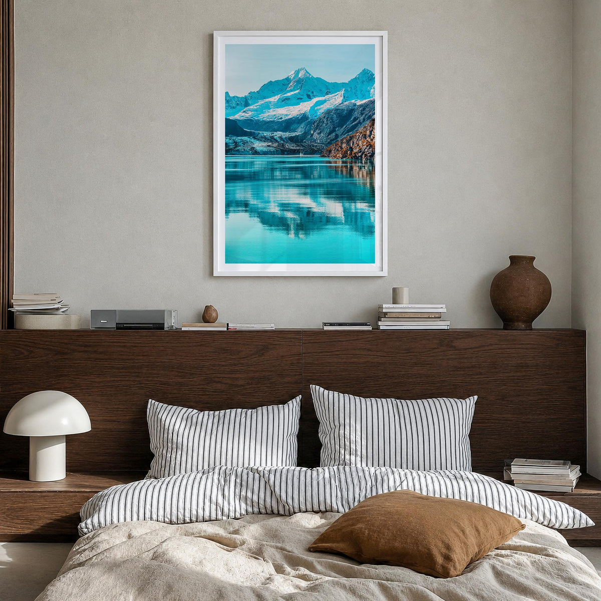 Alaska no. 1 colorful photo poster of United States – vertical wall art in white wood frame with white border, hanging on wal