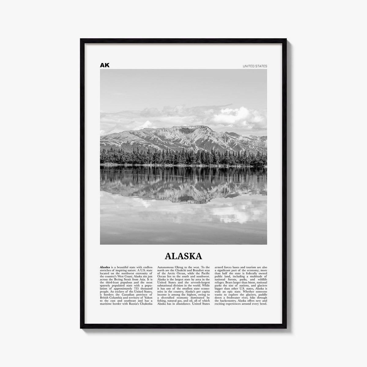 Alaska no. 2 black & white newspaper poster of United States – vertical wall art, unframed print shown in interior mockup