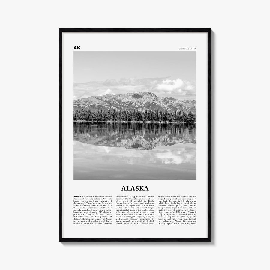 Alaska no. 2 black & white newspaper poster of United States – vertical wall art, unframed print shown in interior mockup
