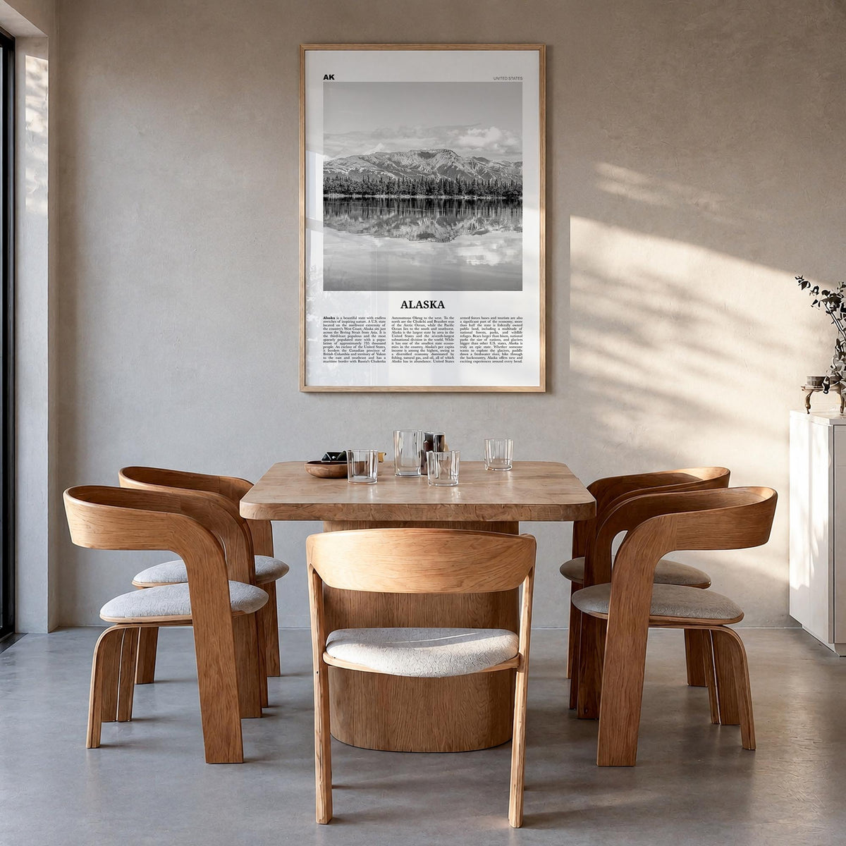 Alaska no. 2 black & white newspaper poster of United States – vertical wall art in natural wood frame, hanging on wall