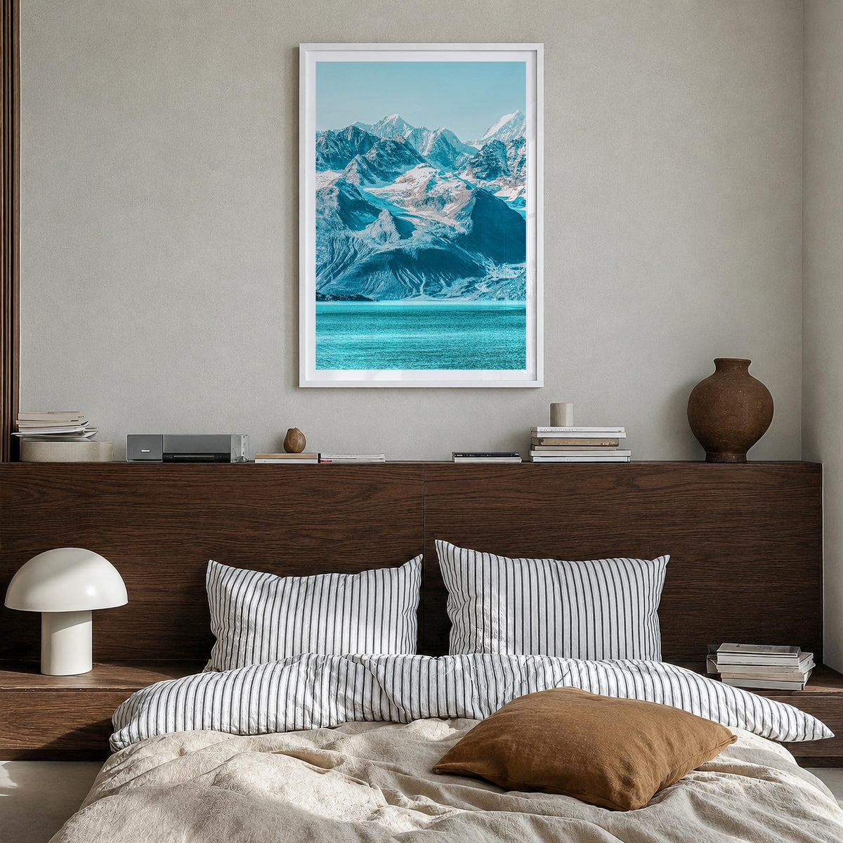 Alaska no. 2 colorful photo poster of United States – vertical wall art in white wood frame with white border, hanging on wal