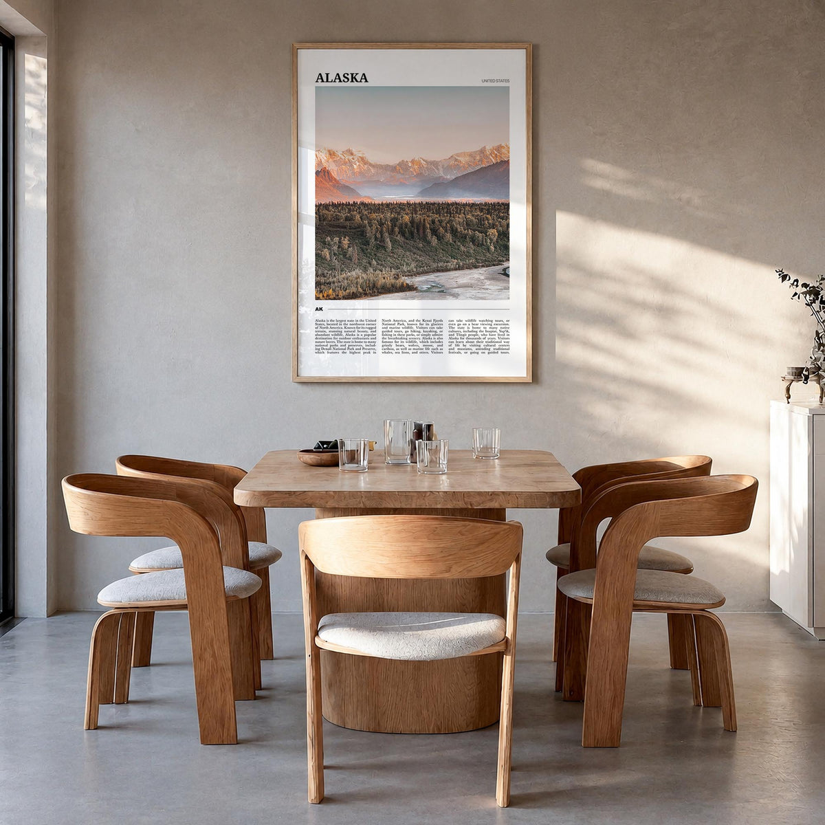 Alaska no. 2 colorful travel poster of United States – vertical wall art in natural wood frame, hanging on wall