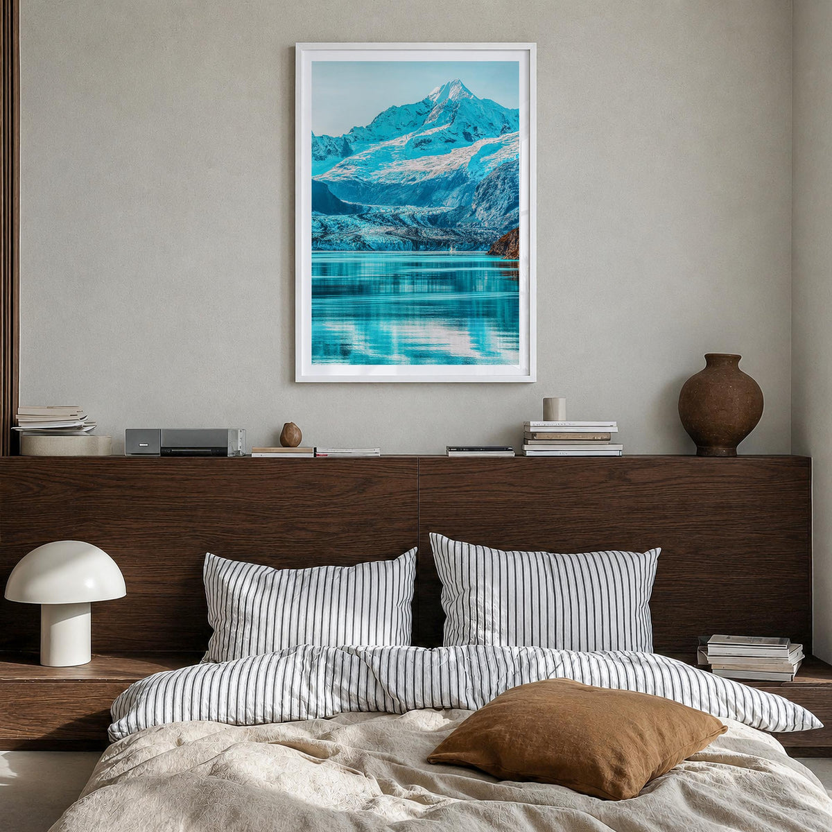 Alaska no. 3 colorful photo poster of United States – vertical wall art in white wood frame with white border, hanging on wal