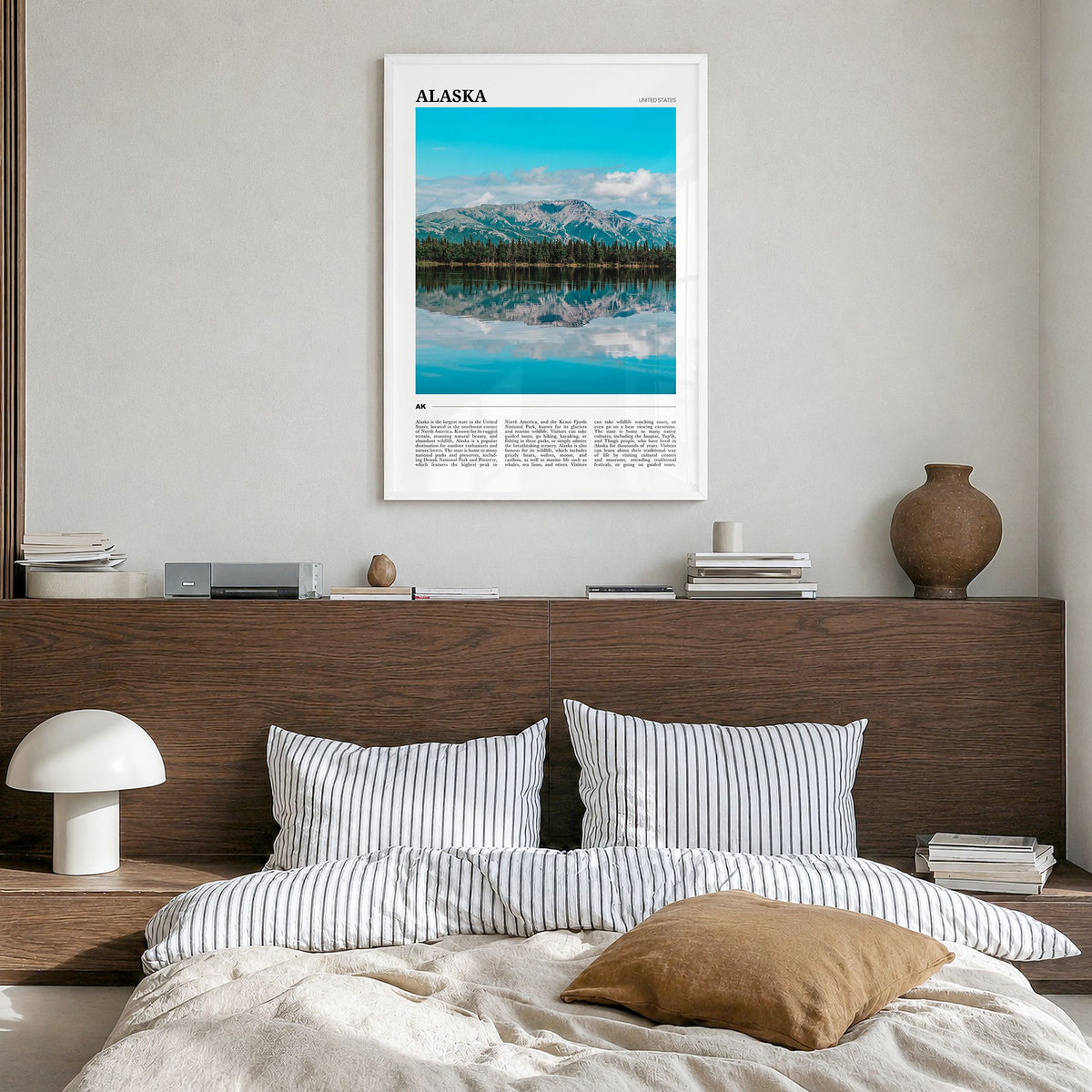 Alaska Travel No 1 Poster in a white wood frame, hanging in a bedroom