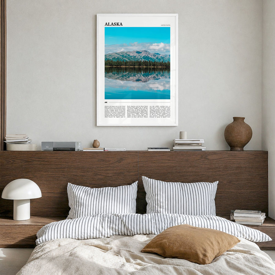 Alaska Travel No 1 Poster in a white wood frame, hanging in a bedroom