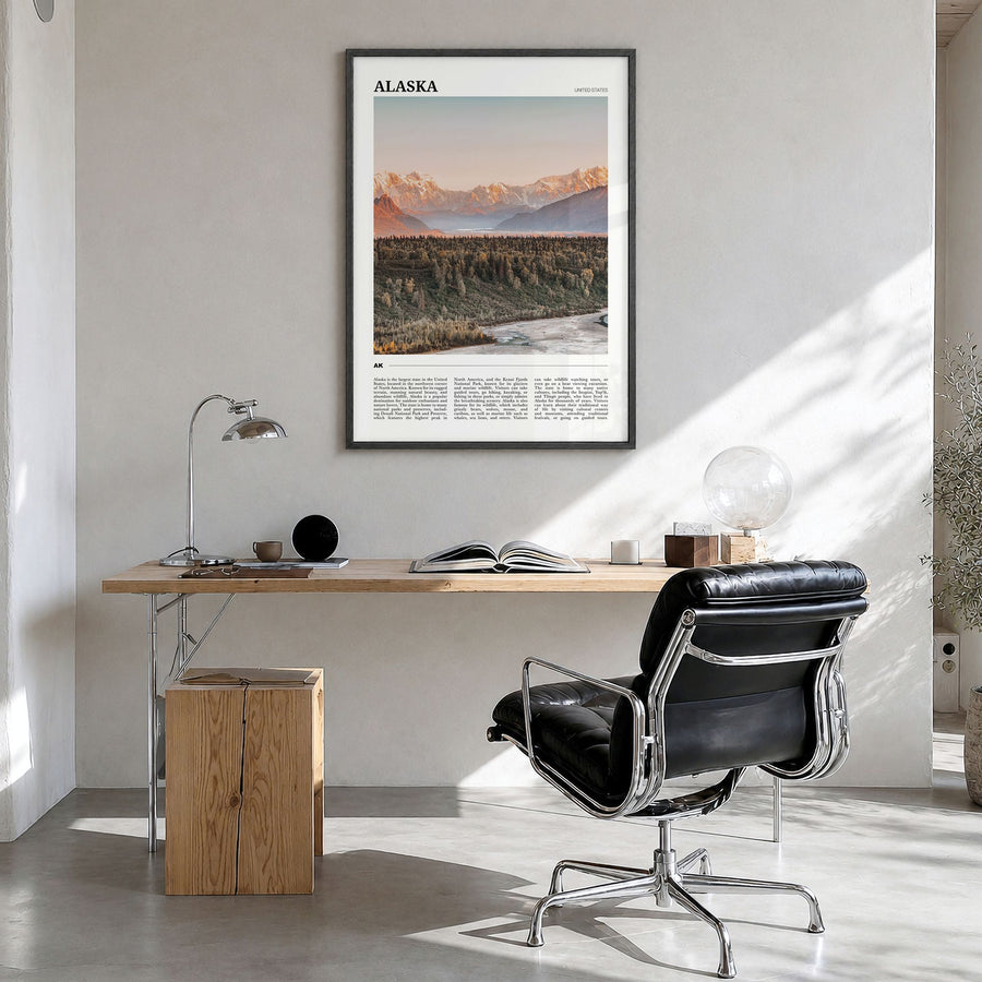 Alaska Travel No 2 Poster in a black wood frame, hanging in a bright home office