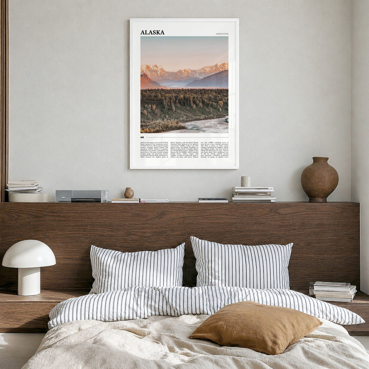 Alaska Travel No 2 Poster in a white wood frame, hanging in a bedroom