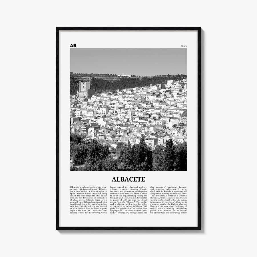 Albacete black & white newspaper poster of Spain – vertical wall art, unframed print shown in interior mockup