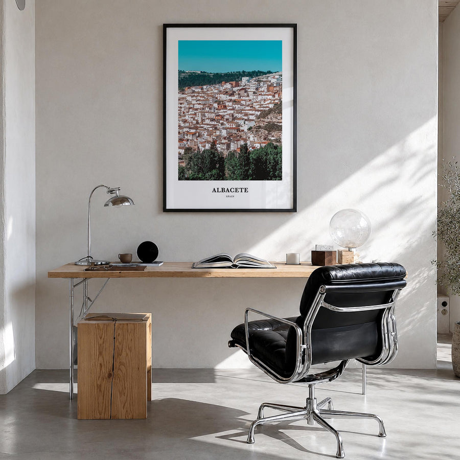 Albacete colorful classic poster of Spain – vertical wall art in black wood frame, hanging on wall