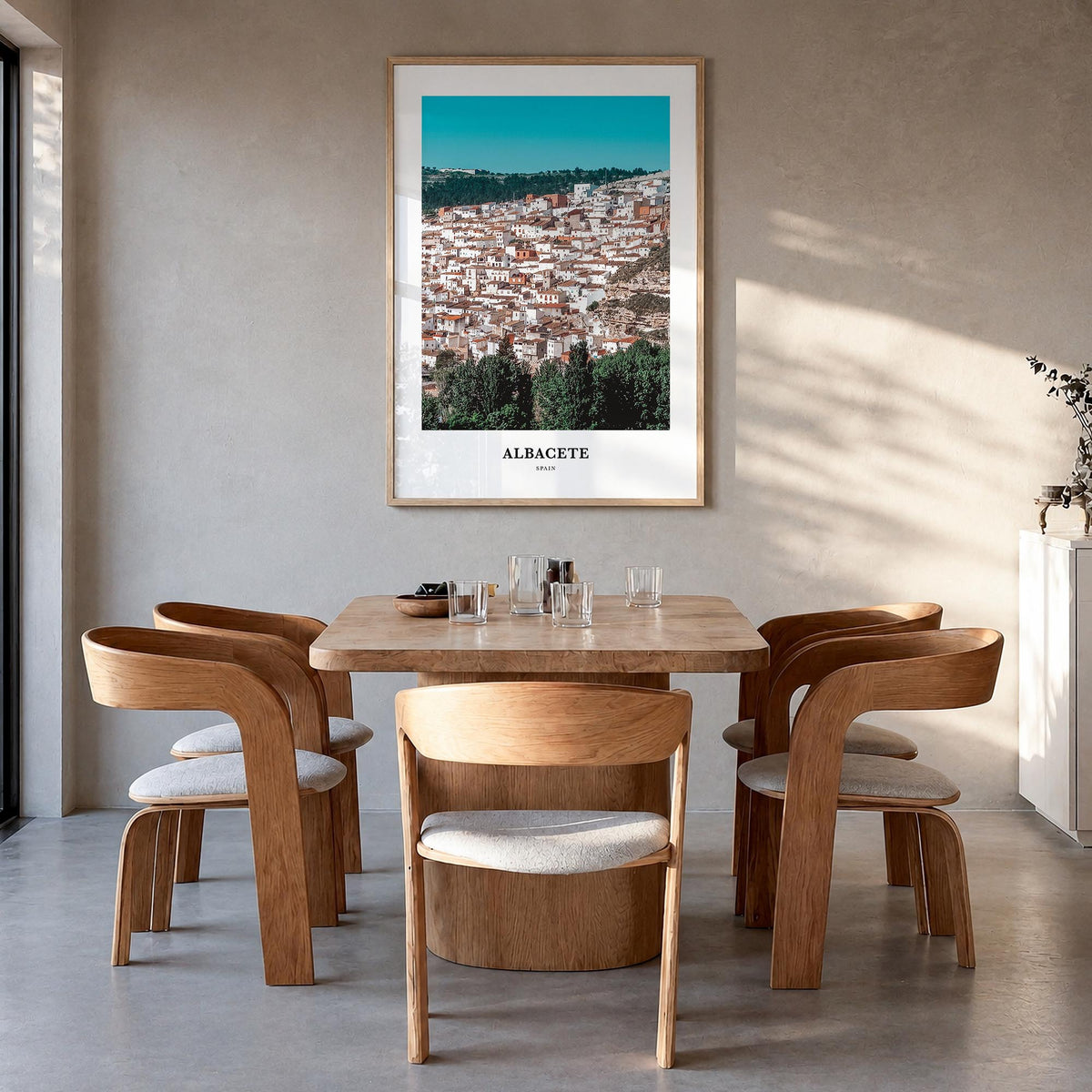 Albacete colorful classic poster of Spain – vertical wall art in natural wood frame, hanging on wall