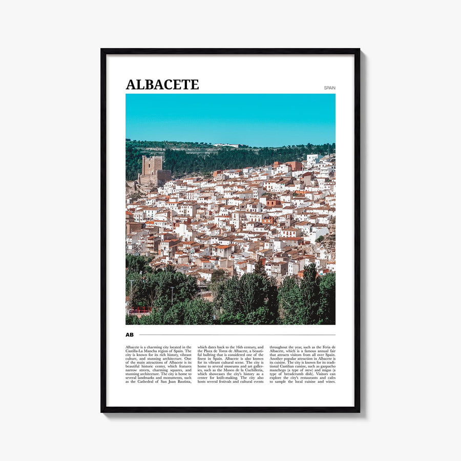 Albacete colorful travel poster of Spain – vertical wall art, unframed print shown in interior mockup