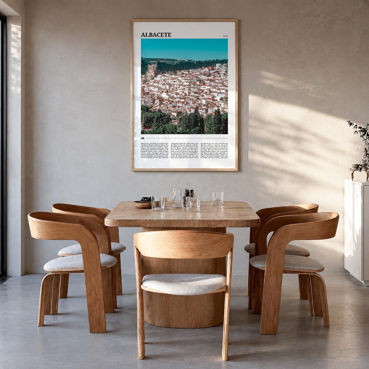 Albacete colorful travel poster of Spain – vertical wall art in natural wood frame, hanging on wall