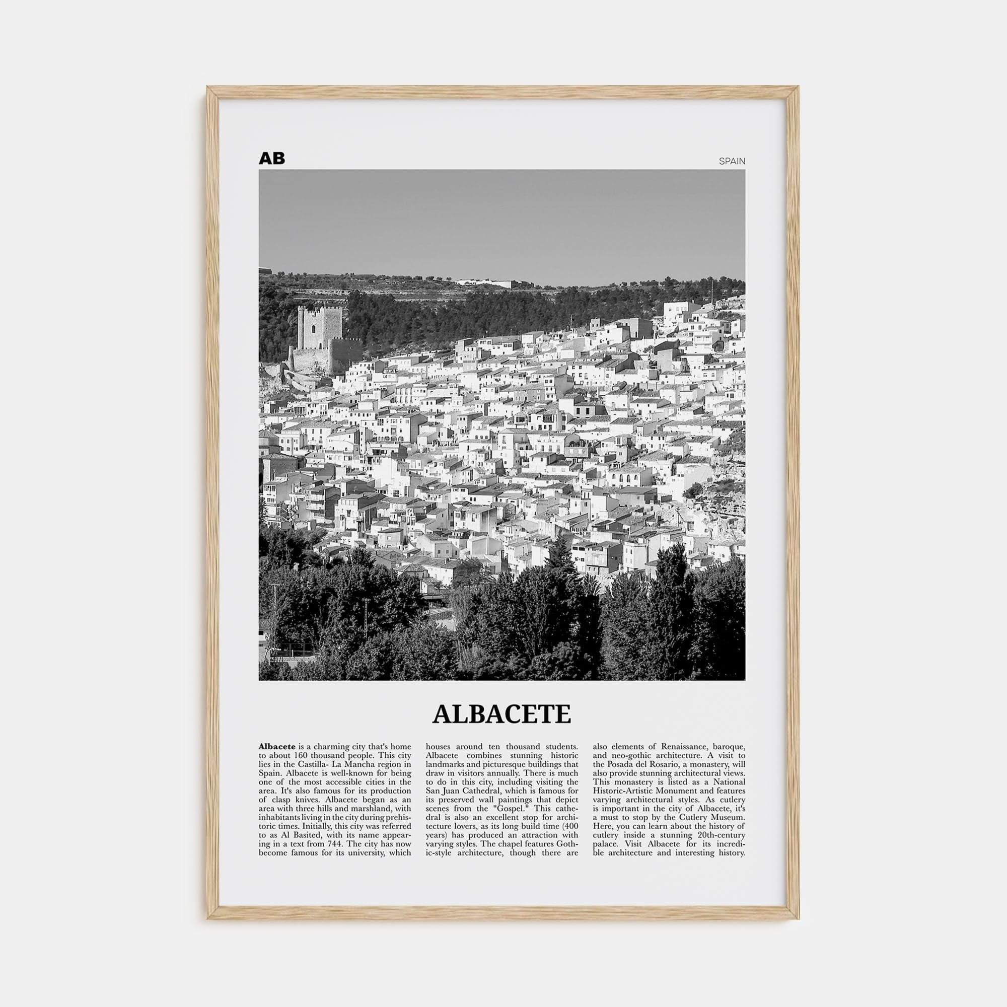 Albacete Poster Natural Wood / 8x12 in Nbourhood Travel B&W Poster