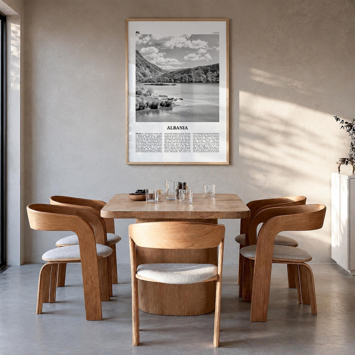 Albania no. 1 black & white newspaper poster of Europe – vertical wall art in natural wood frame, hanging on wall
