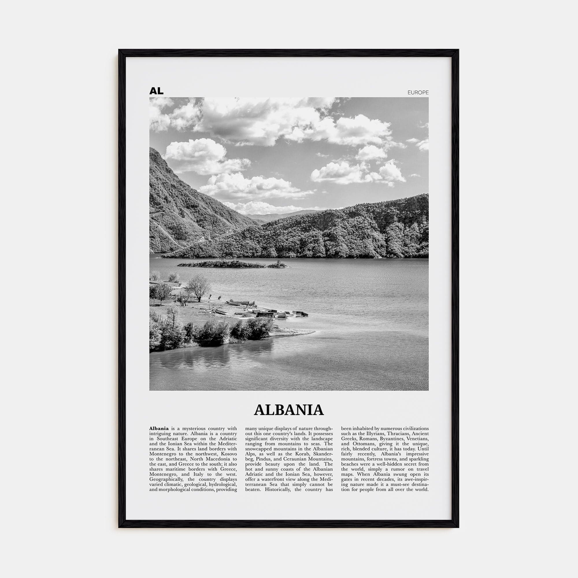 Albania No 1 Poster Black Wood / 8x12 in Nbourhood Travel B&W Poster