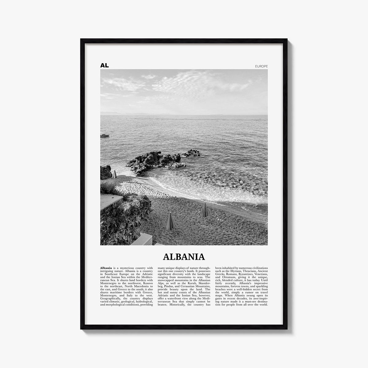 Albania no. 2 black & white newspaper poster of Europe – vertical wall art, unframed print shown in interior mockup