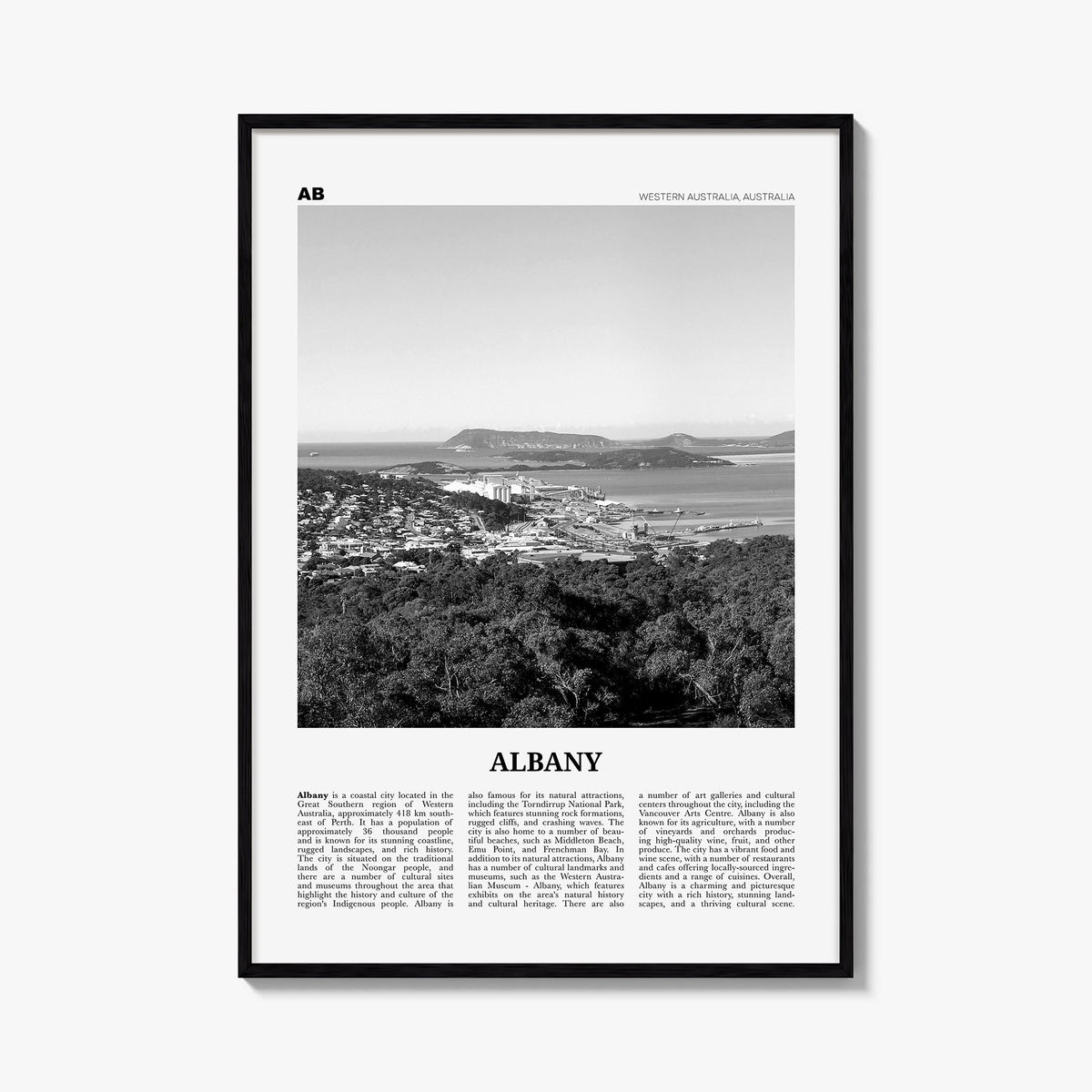 Albany, Australia black & white newspaper poster of Australia – vertical wall art, unframed print shown in interior mockup