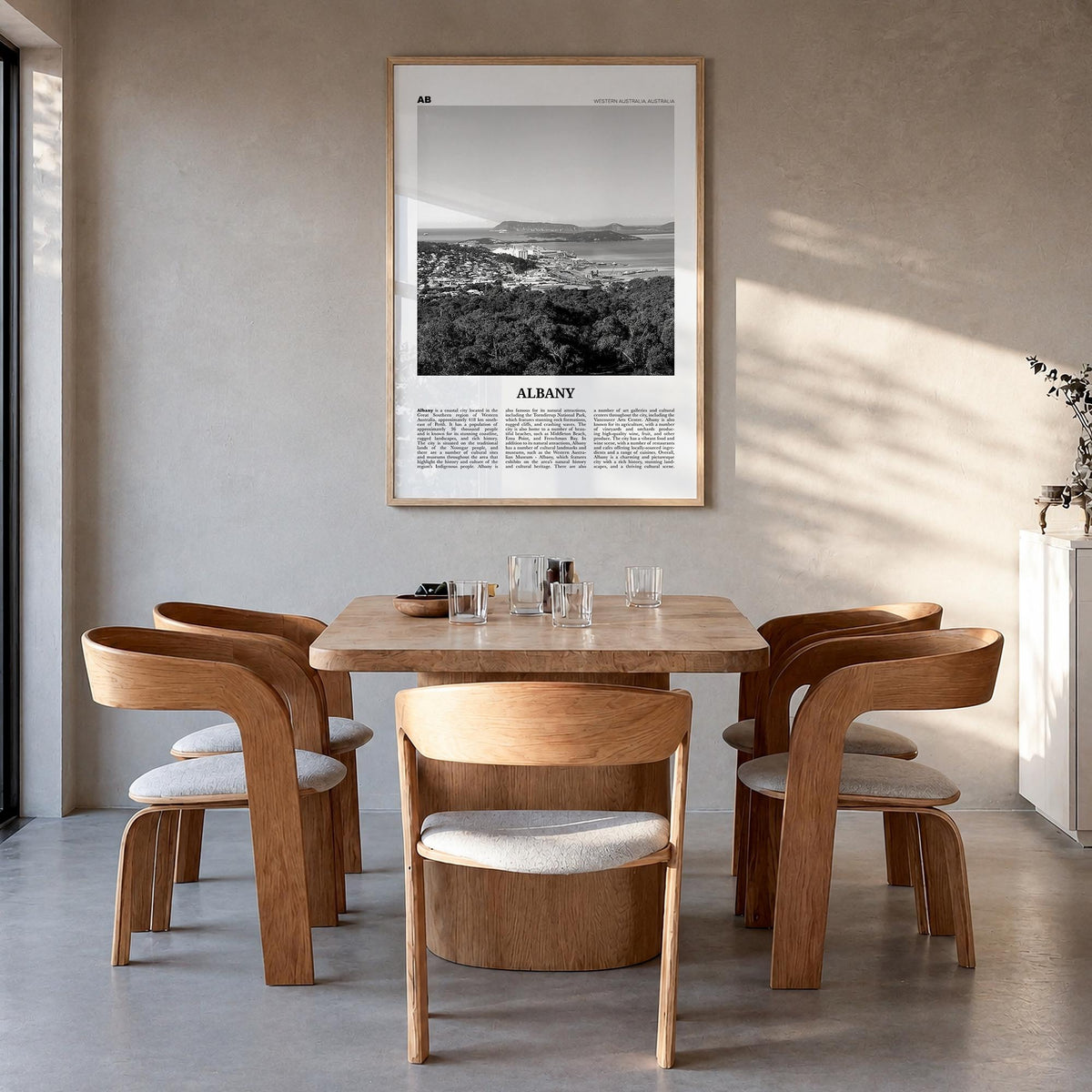 Albany, Australia black & white newspaper poster of Australia – vertical wall art in natural wood frame, hanging on wall