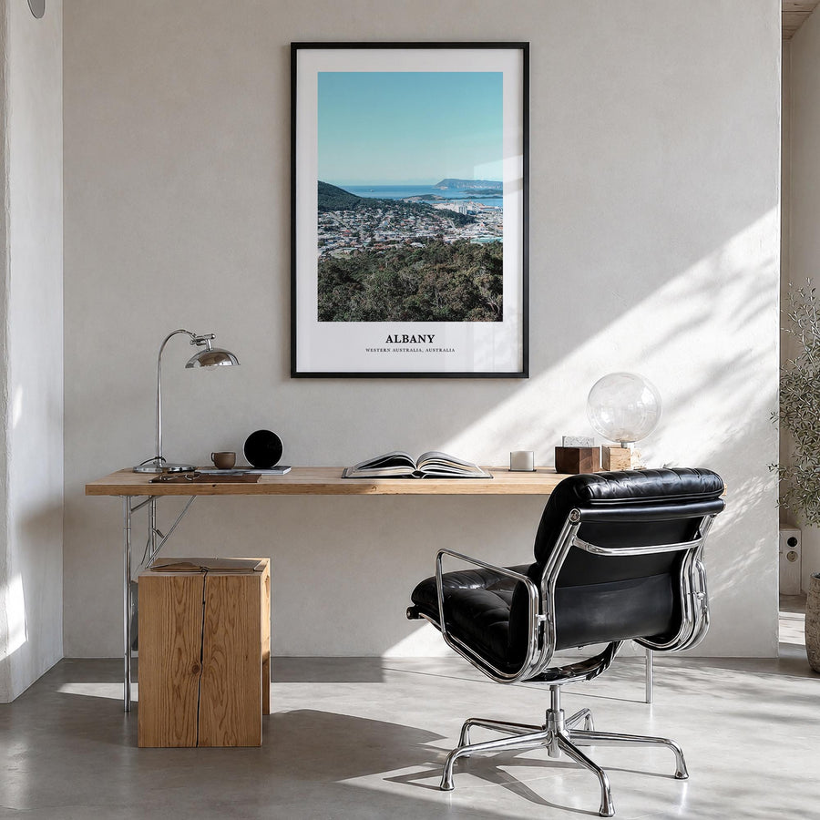 Albany, Australia colorful classic poster of Australia – vertical wall art in black wood frame, hanging on wall