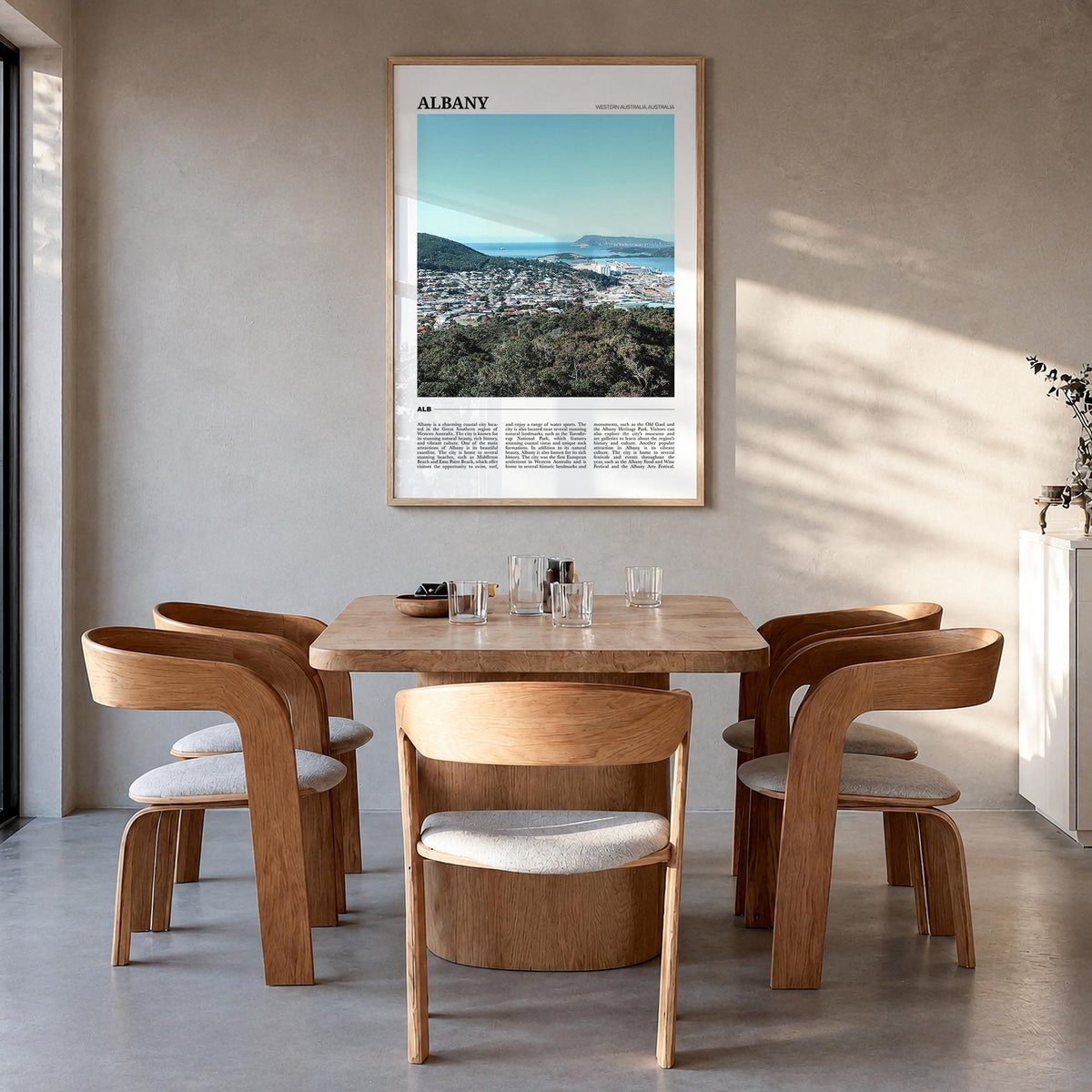 Albany, Australia colorful travel poster of Australia – vertical wall art in natural wood frame, hanging on wall