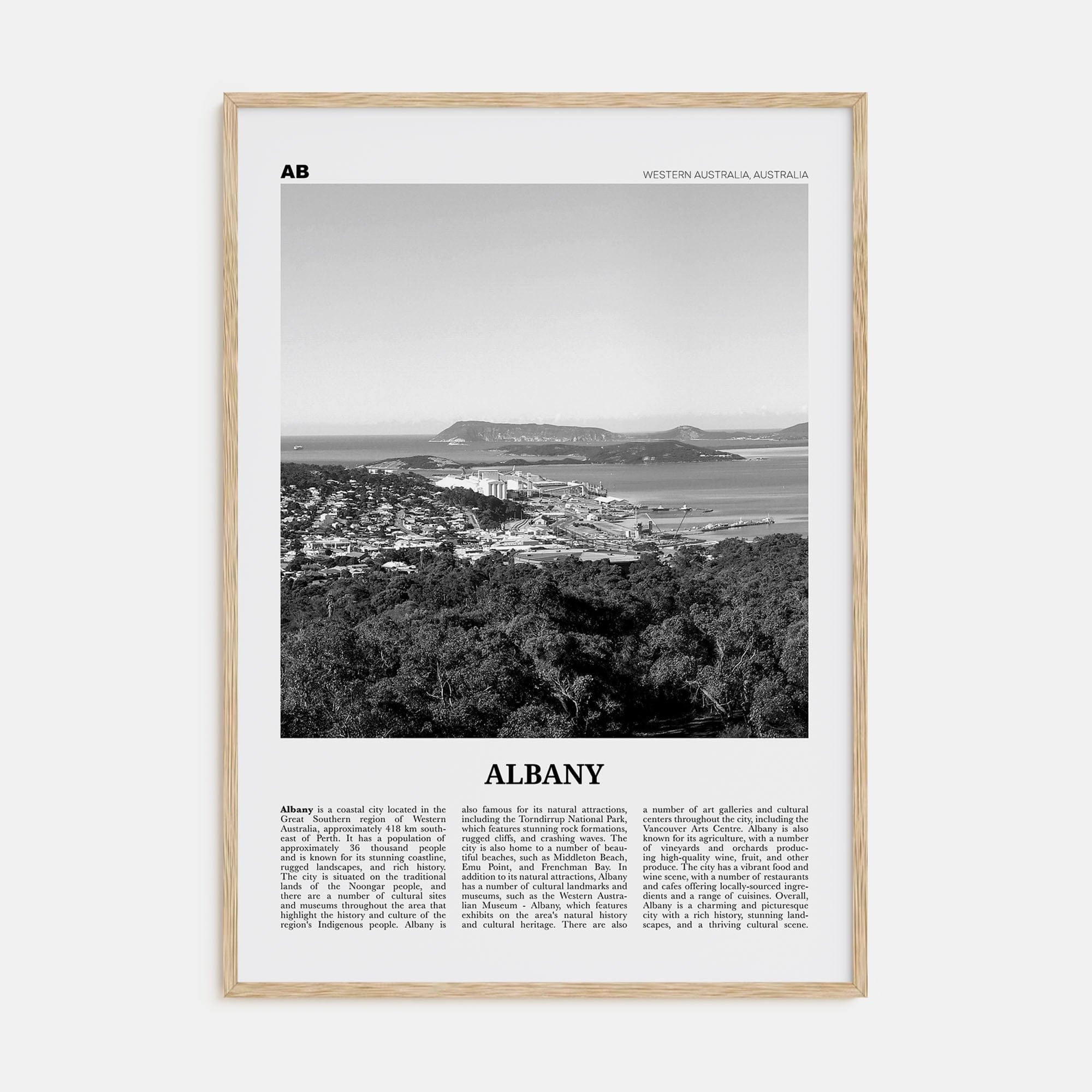 Albany, Australia Poster Natural Wood / 8x12 in Nbourhood Travel B&W Poster