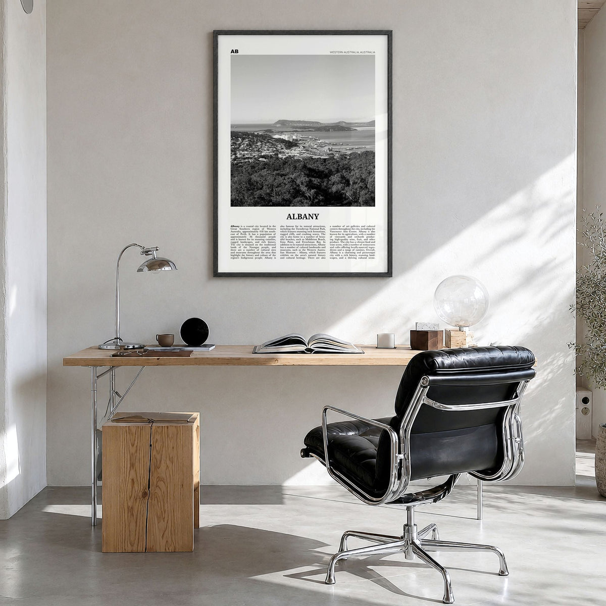 Albany, Australia Newspaper Poster in a black wood frame, hanging in a bright home office