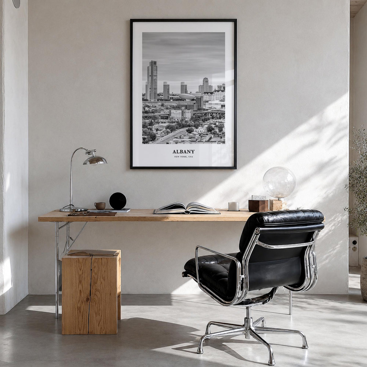 Albany, New York black & white classic poster of New York, USA – vertical wall art in black wood frame, hanging on wall