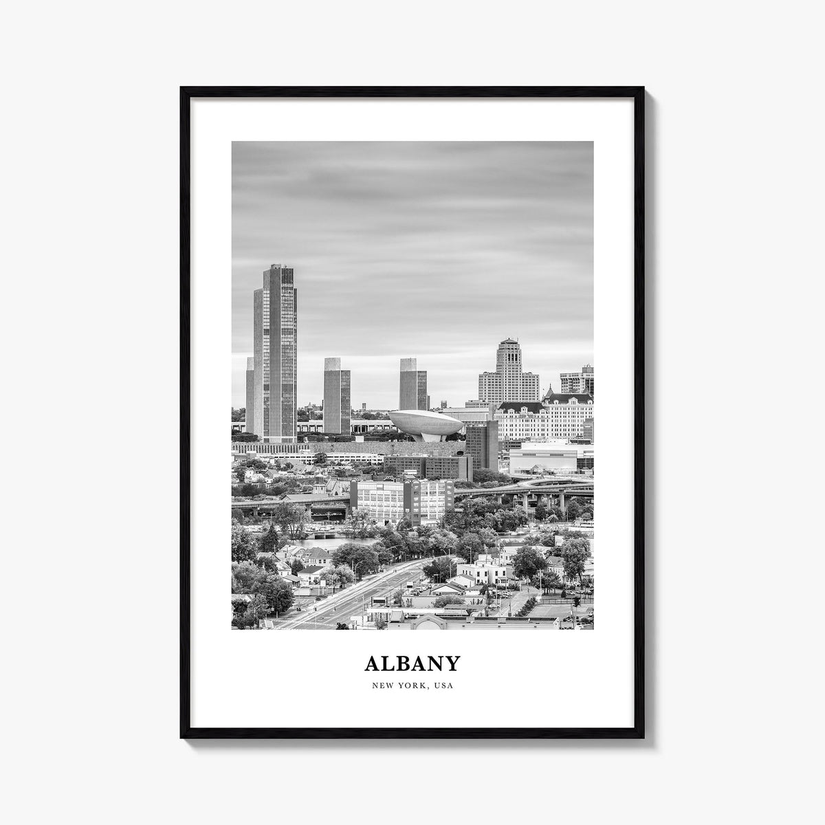 Albany, New York black & white classic poster of New York, USA – vertical wall art, unframed print shown in interior mockup