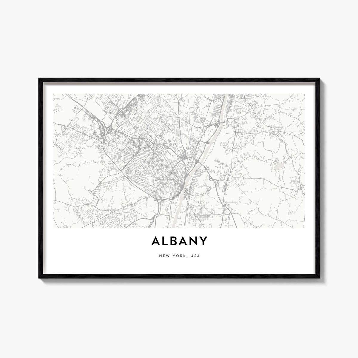 Albany, New York black & white map poster of New York, USA – horizontal wall art, unframed print shown in interior mockup