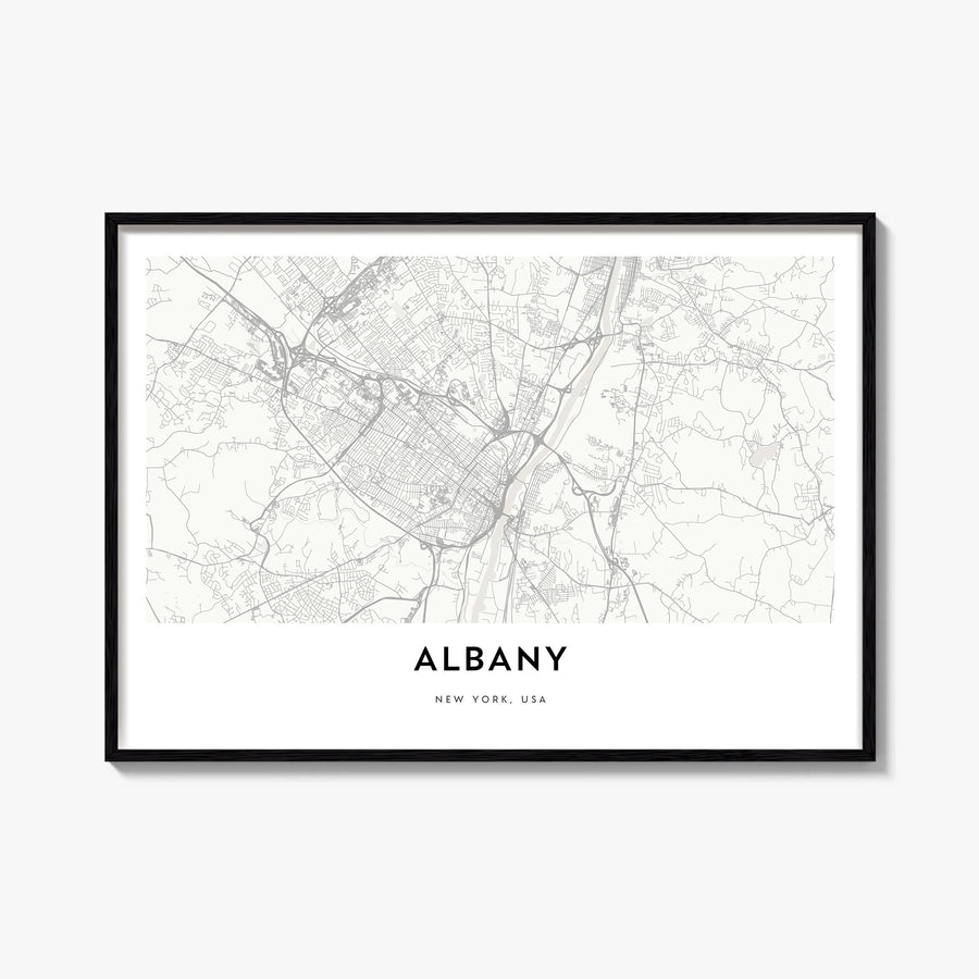Albany, New York black & white map poster of New York, USA – horizontal wall art, unframed print shown in interior mockup