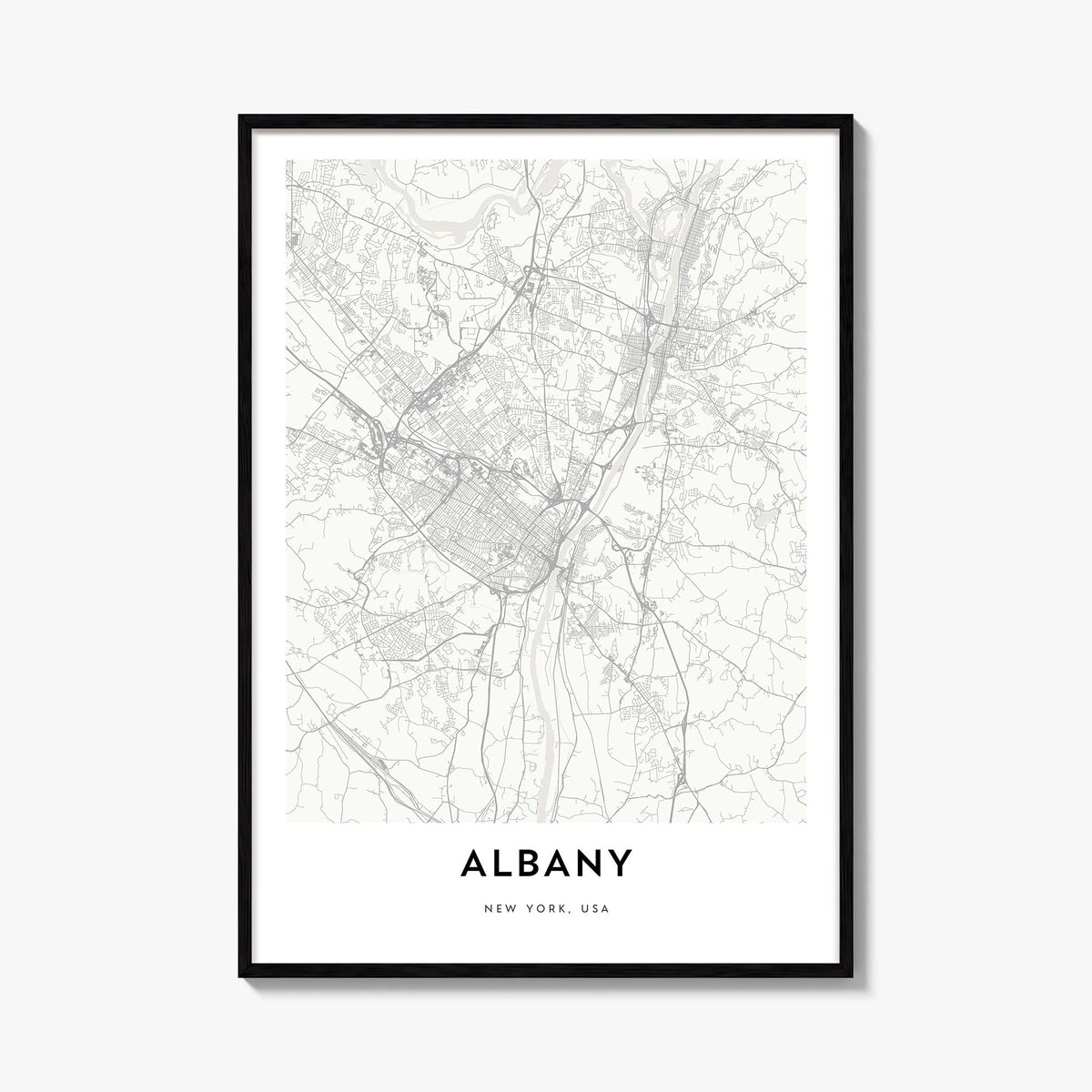 Albany, New York black & white map poster of New York, USA – vertical wall art, unframed print shown in interior mockup