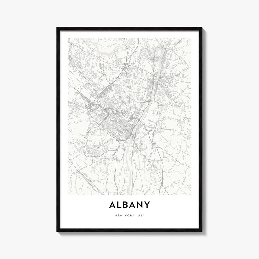 Albany, New York black & white map poster of New York, USA – vertical wall art, unframed print shown in interior mockup