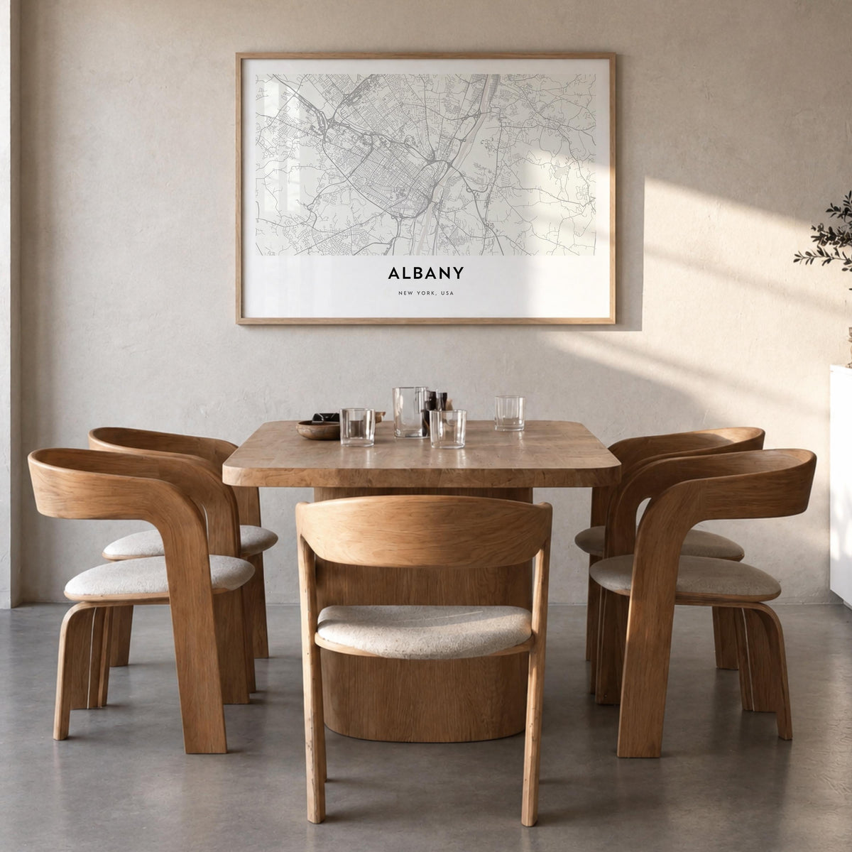 Albany, New York black & white map poster of New York, USA – horizontal wall art in natural wood frame, hanging on wall
