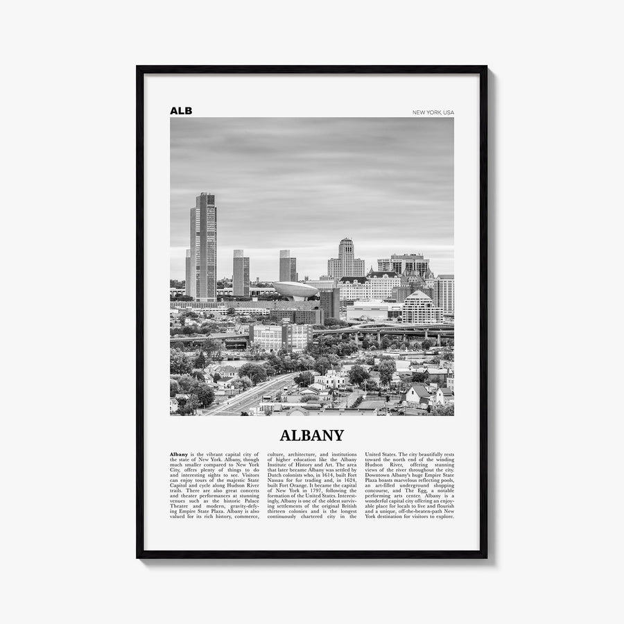 Albany, New York black & white newspaper poster of New York, USA – vertical wall art, unframed print shown in interior mockup