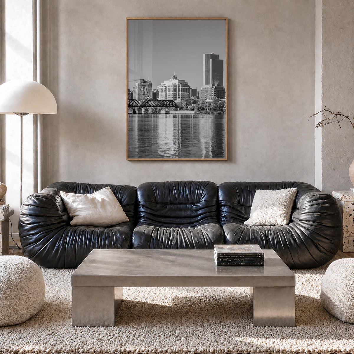 Albany, New York black & white photo poster of New York, USA – vertical wall art in natural wood frame, hanging on wall