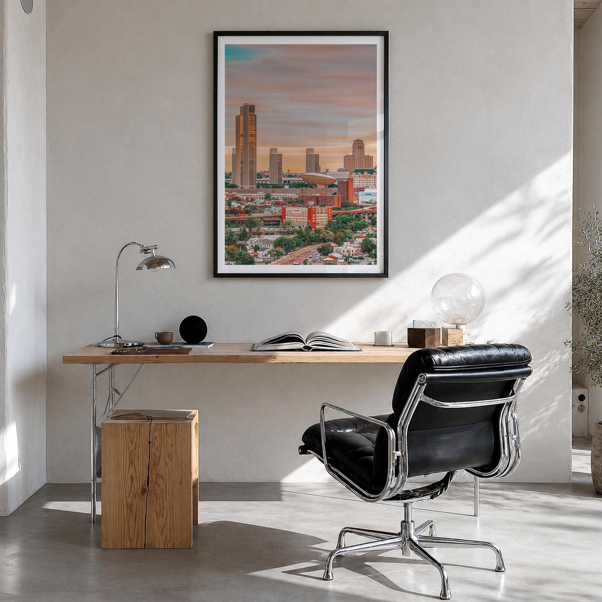 Albany, New York colorful photo poster of New York, USA – vertical wall art in black wood frame with white border, hanging on