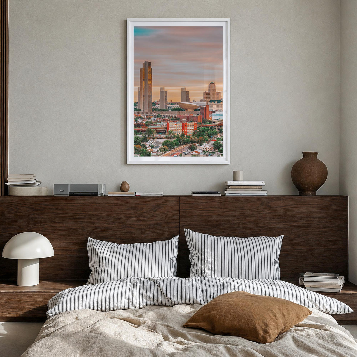 Albany, New York colorful photo poster of New York, USA – vertical wall art in white wood frame with white border, hanging on