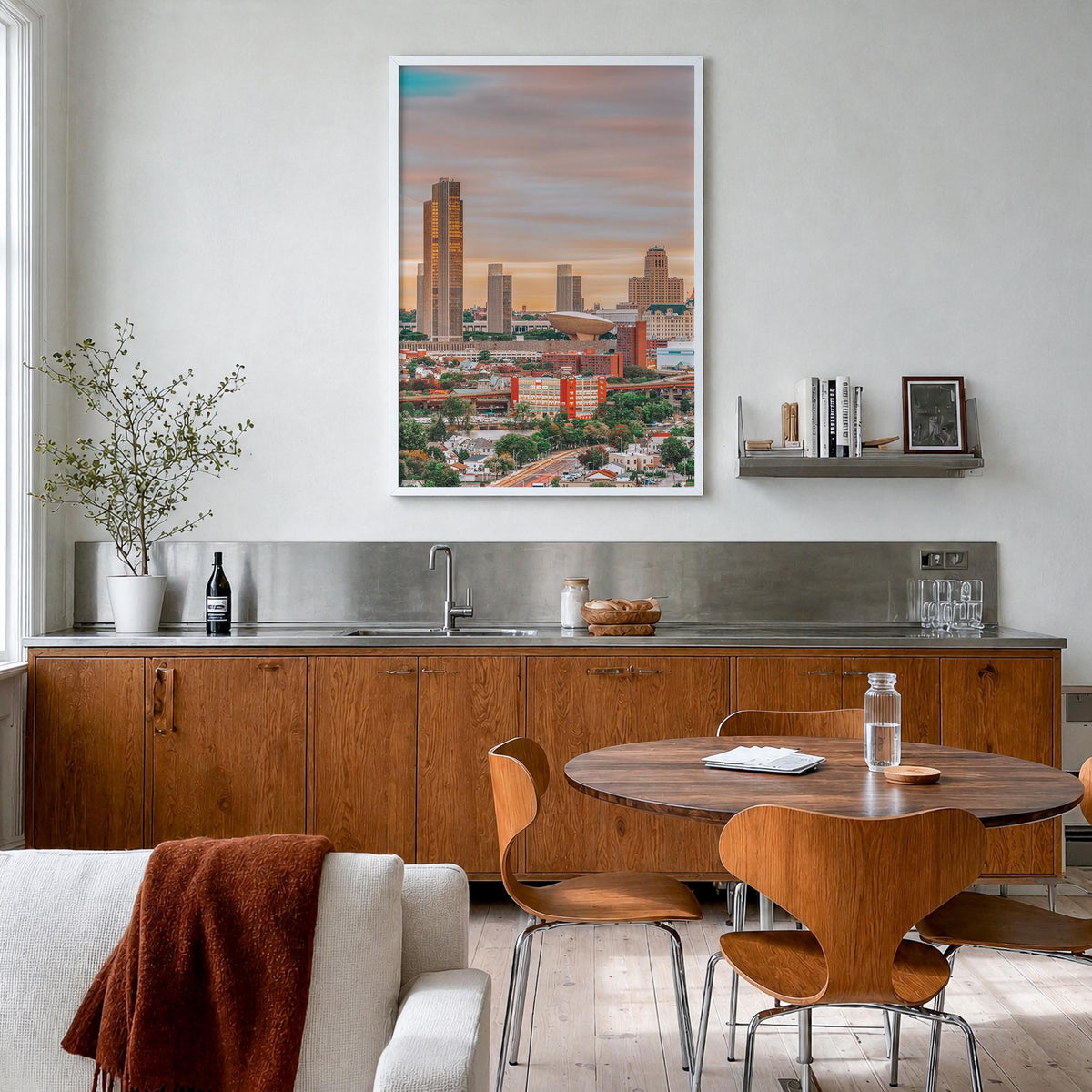 Albany, New York colorful photo poster of New York, USA – vertical wall art in white wood frame, hanging on wall